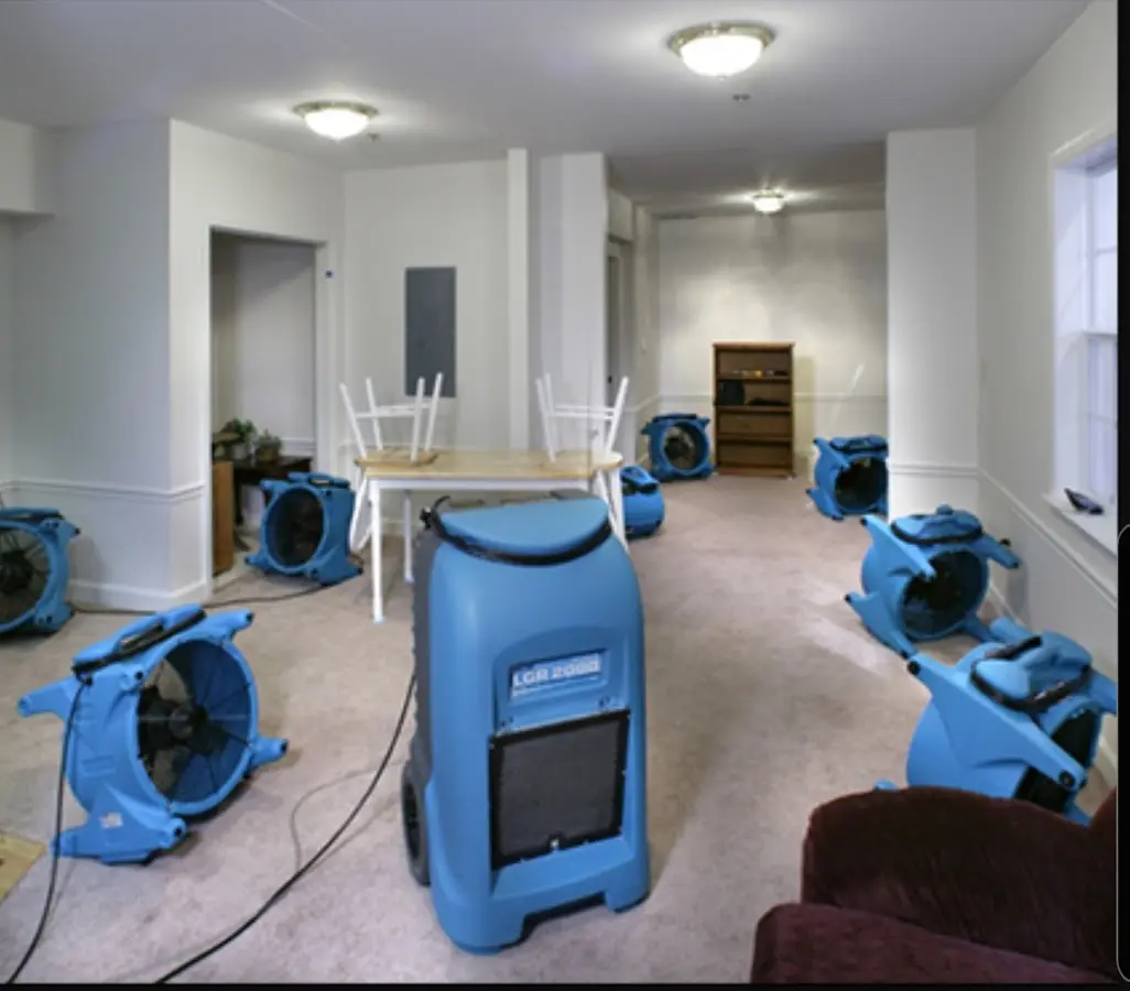 Air movers and dehumidifier setup for Water Damage Restoration in Orinda
